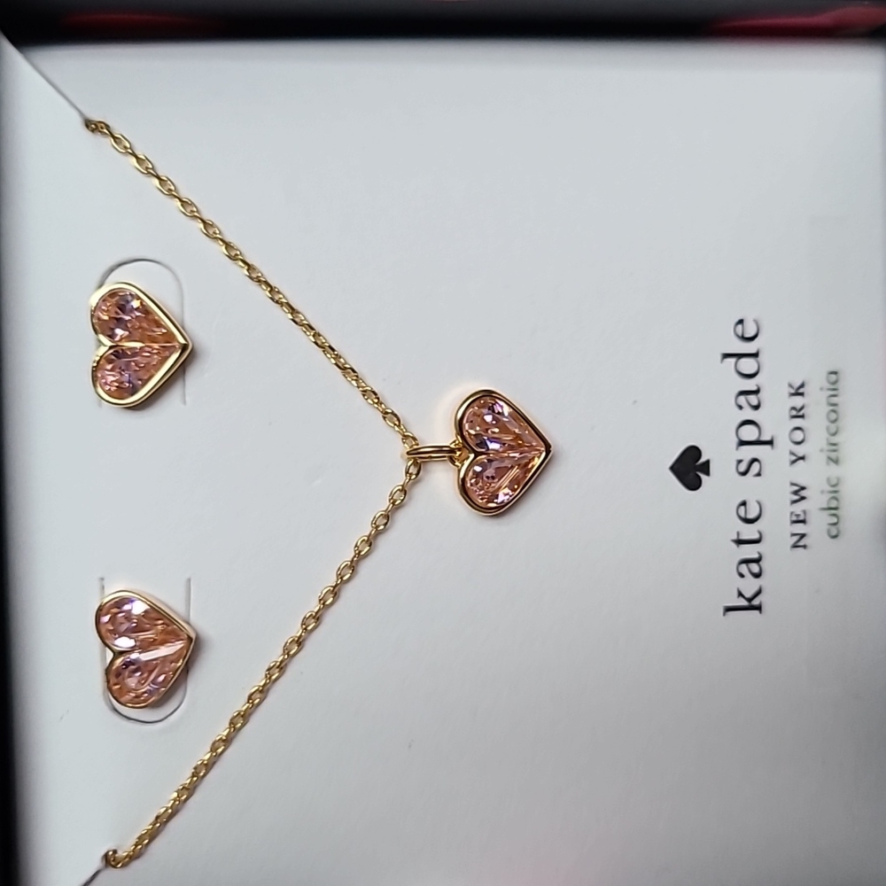 New Kate Spade rock solid heart pendant and mini studs boxed set- pink, gift - Picture 1 of 10